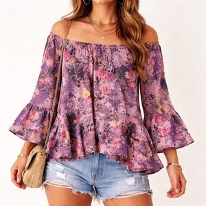 Spense Pink Purple Floral Off The Shoulder Bell Sleeve Ruffle Blouse XL Boho